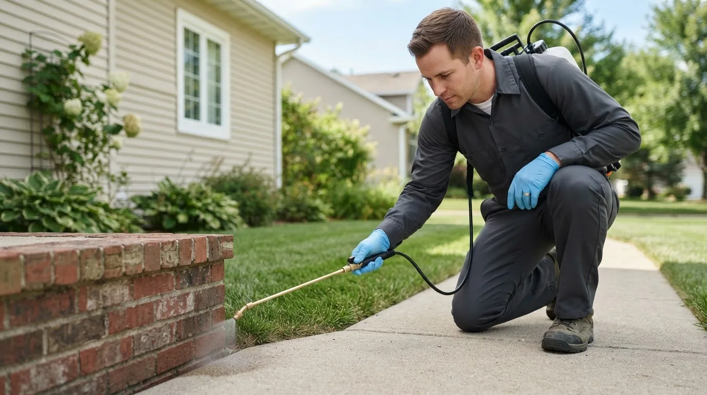 Pest control technician treating a home near Hibbs, PA