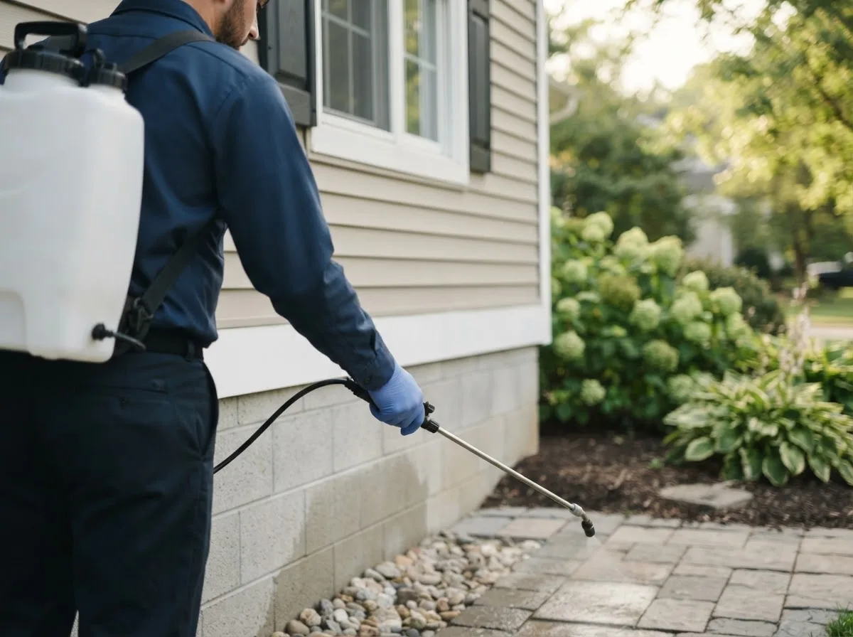 Pest control technician inspecting a home in Hibbs, PA